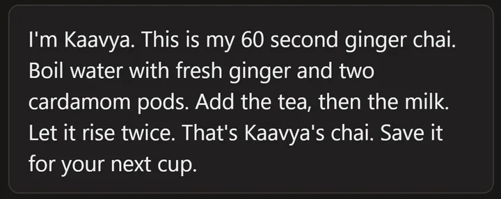A cooking reel's spoken steps as text in Reelread: boil water with fresh ginger and two cardamom pods, add the tea, then the milk