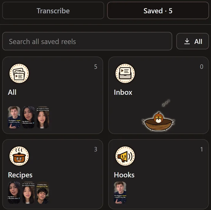 Reelread's Saved shelf: a search box for all saved reels, and nests for Recipes, Hooks and more