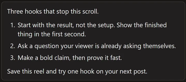 A reel's words in Reelread's side panel, with its three tips as a numbered list